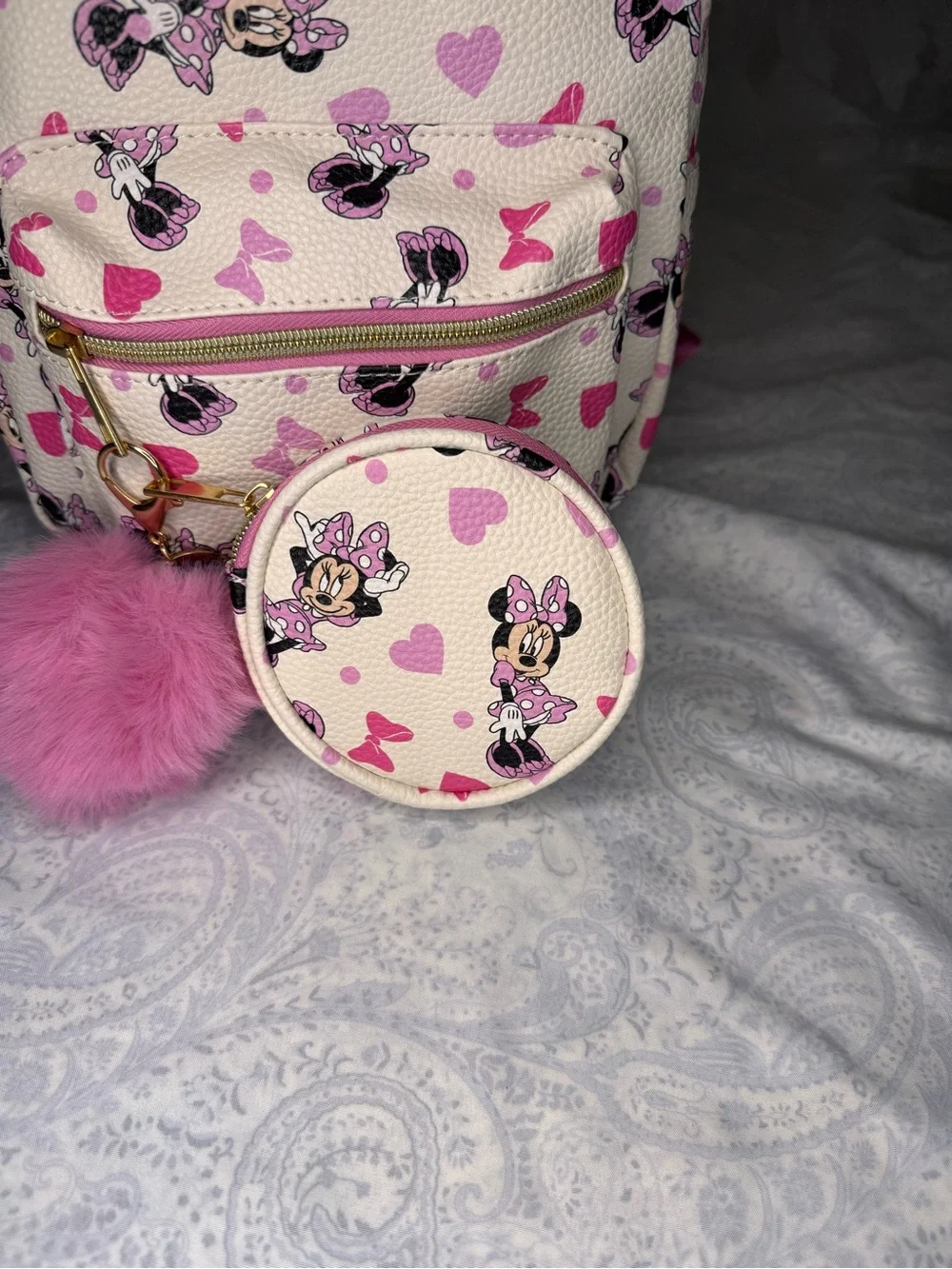 Disney Modern Minnie Mouse on Cream & Heart Mini Backpack with Pom & Coin Pouch